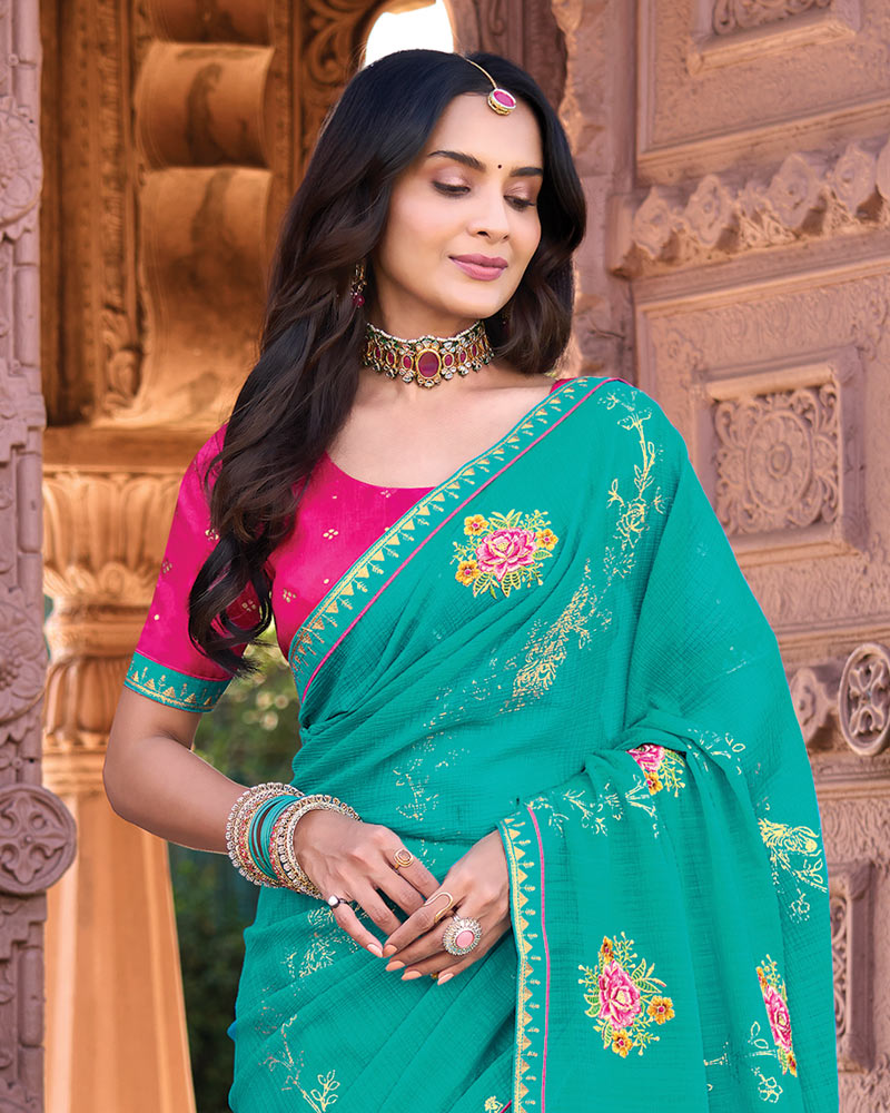 Vishal Prints Persian Green Designer Fancy Chiffon Saree With Embroidery-Diamond Work And Fancy Border