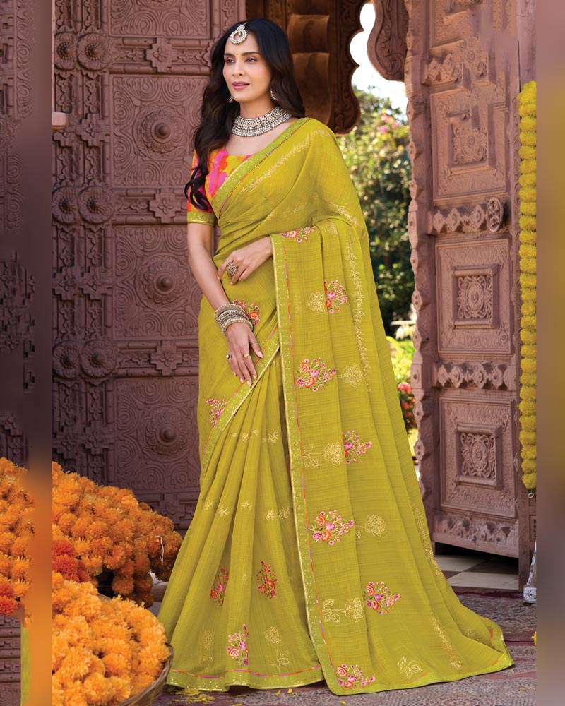 Vishal Prints Olive Yellow Designer Fancy Chiffon Saree With Embroidery-Diamond Work And Fancy Border