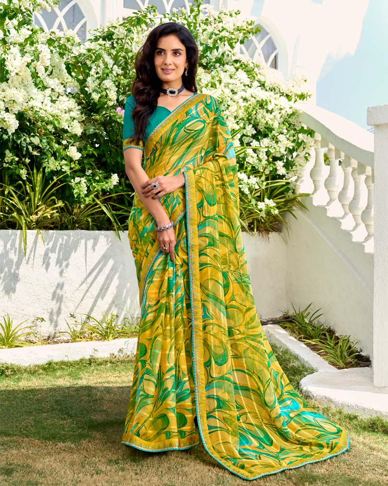 Vishal Prints Tulip Yellow Printed Chiffon Saree With Fancy Border