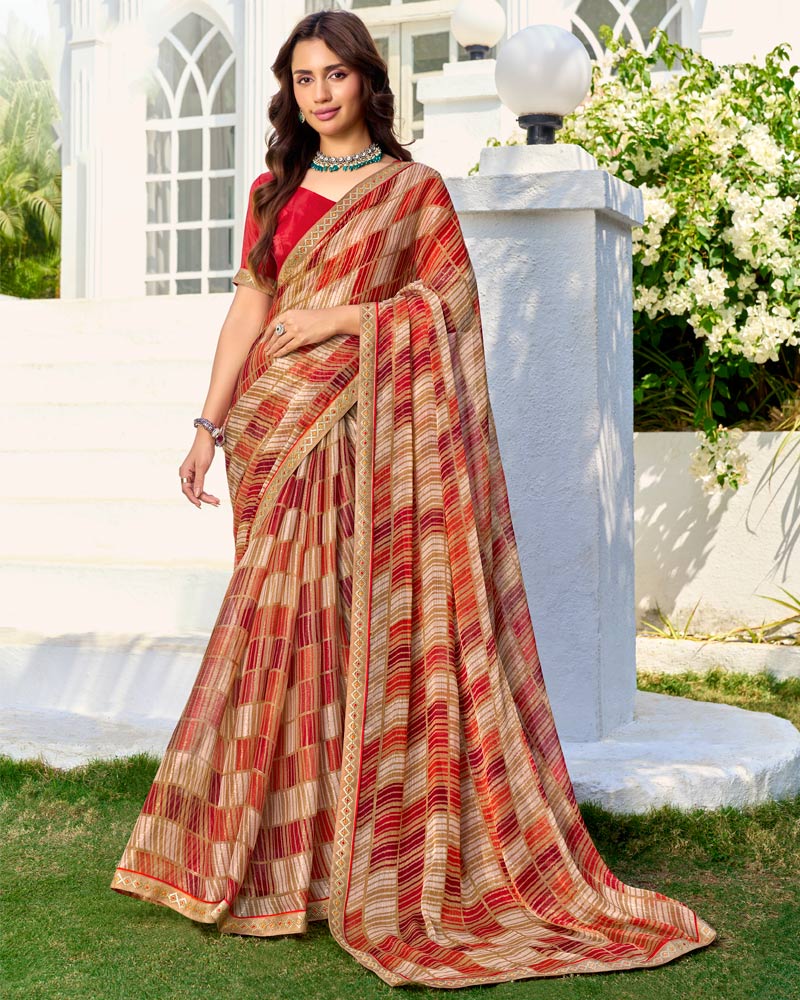 Vishal Prints Light Beige And Lava Red Printed Chiffon Saree With Fancy Border