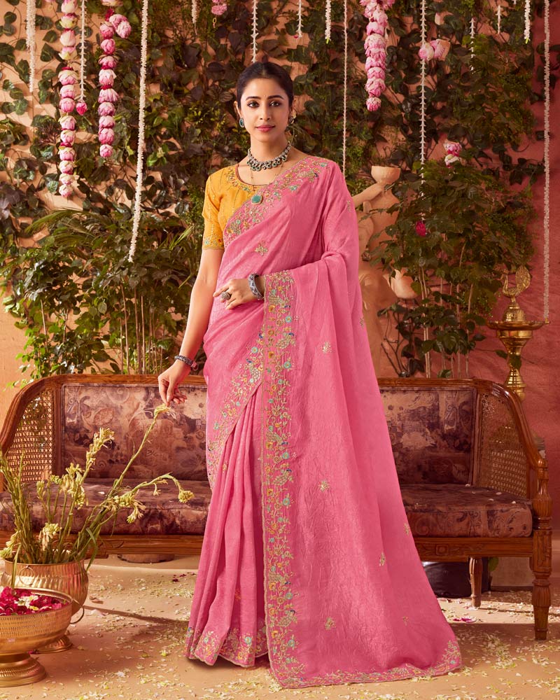 Vishal Prints Light Coral Pink Designer Fancy Gold Crush Saree With Embroidery-Diamond Work And Cut Work Border