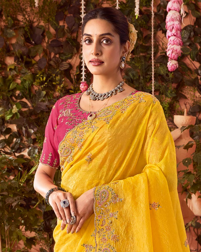 Vishal Prints Dark Tulip Yellow Designer Fancy Gold Crush Saree With Embroidery-Diamond Work And Cut Work Border