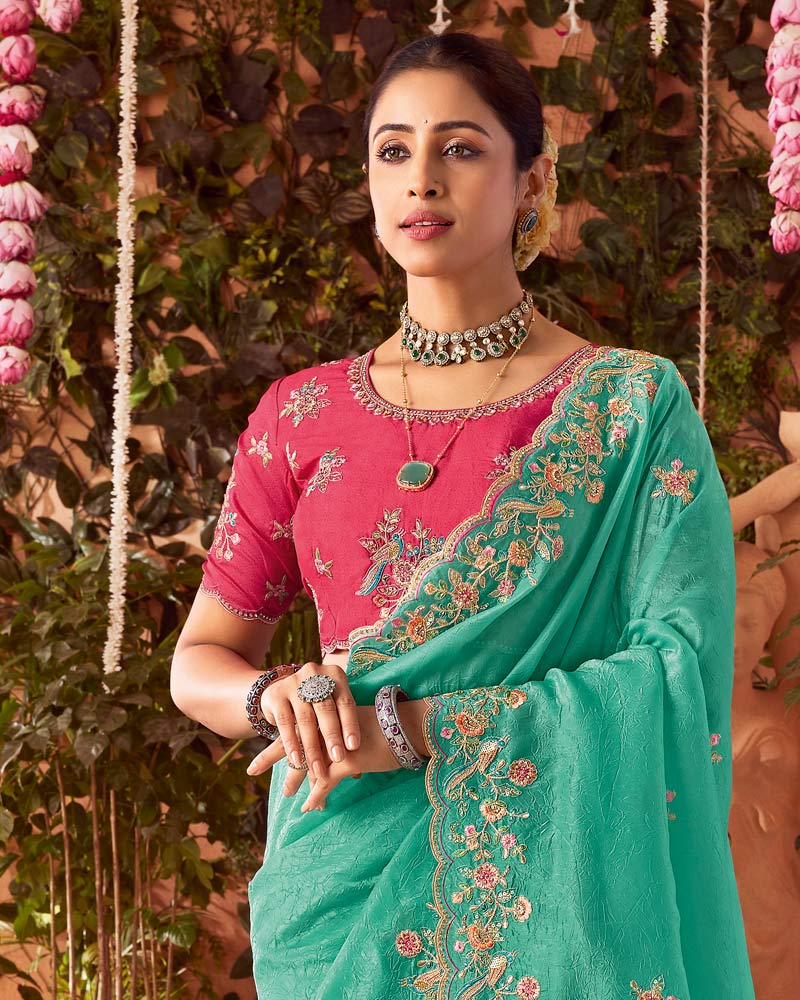 Vishal Prints Light Sea Green Designer Fancy Gold Crush Saree With Embroidery-Diamond Work And Cut Work Border