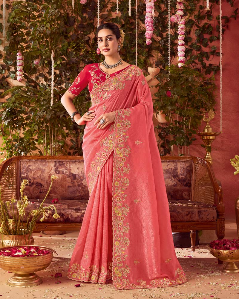 Vishal Prints Pastel Red Designer Fancy Gold Crush Saree With Embroidery-Diamond Work And Cut Work Border