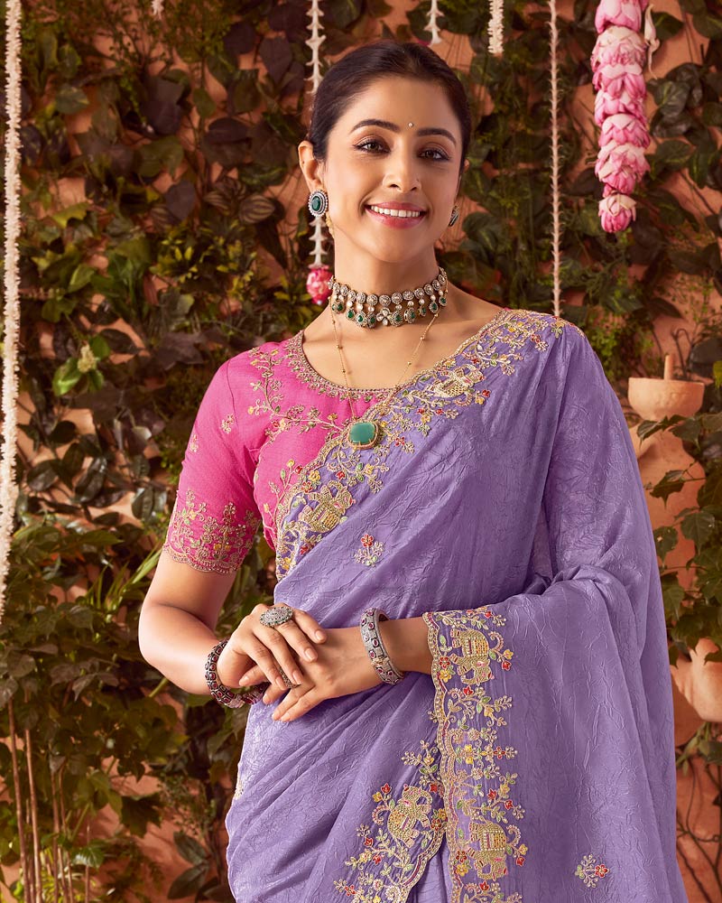 Vishal Prints Lavender Designer Fancy Gold Crush Saree With Embroidery-Diamond Work And Cut Work Border