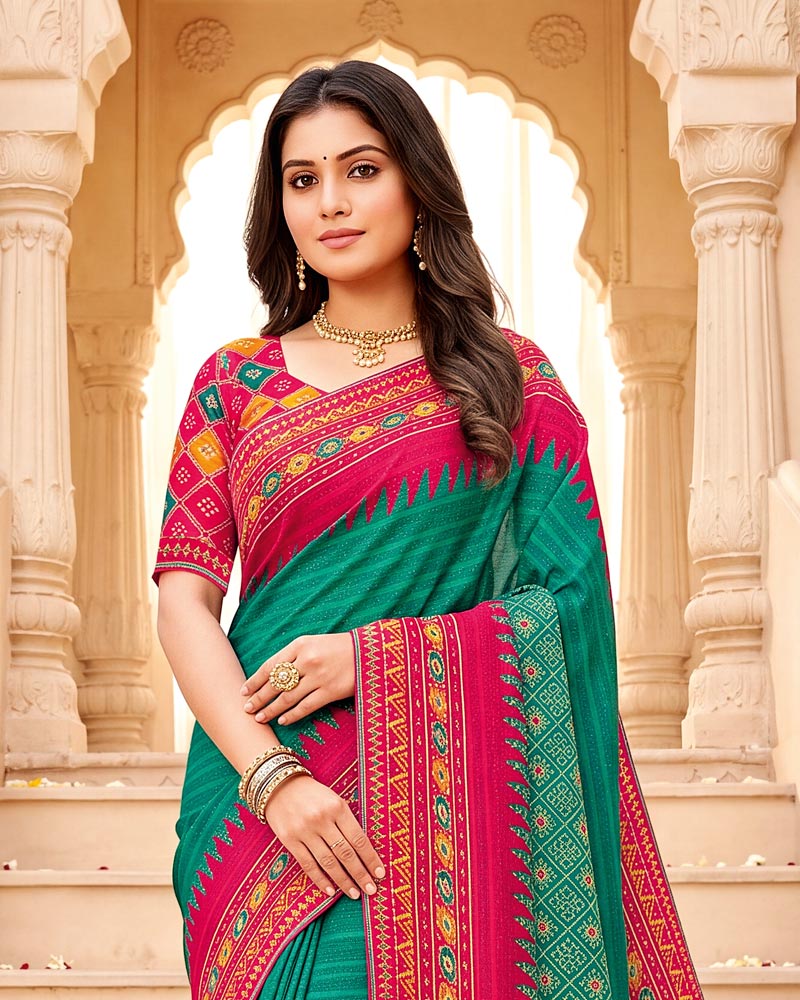 Vishal Prints Pine Green Designer Patterned Chiffon Saree With Fancy Border