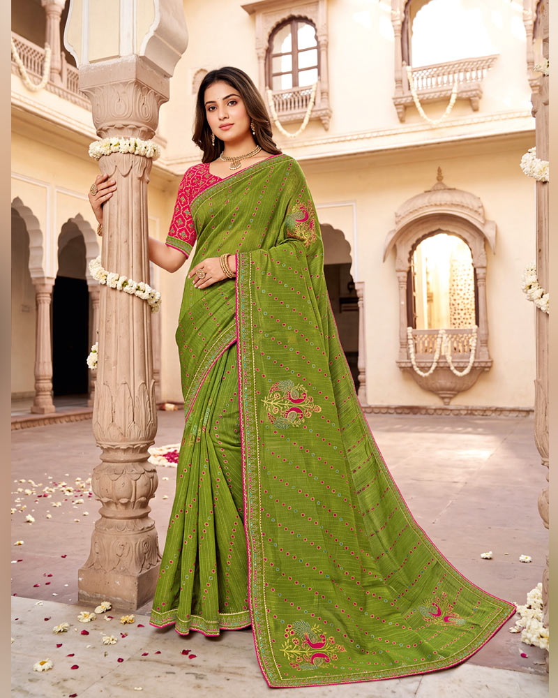 Vishal Prints Dusty Olive Green Designer Patterned Chiffon Saree With Foil Print And Fancy Embroidery Border