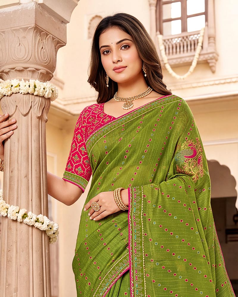 Vishal Prints Dusty Olive Green Designer Patterned Chiffon Saree With Foil Print And Fancy Embroidery Border