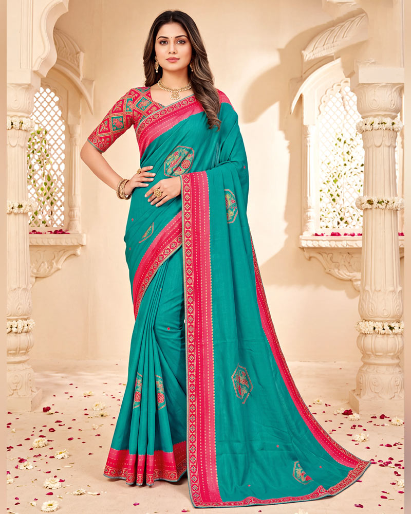 Vishal Prints Persian Green Designer Patterned Chiffon Saree With Mirror Work-Foil Print And Fancy Embroidery Border