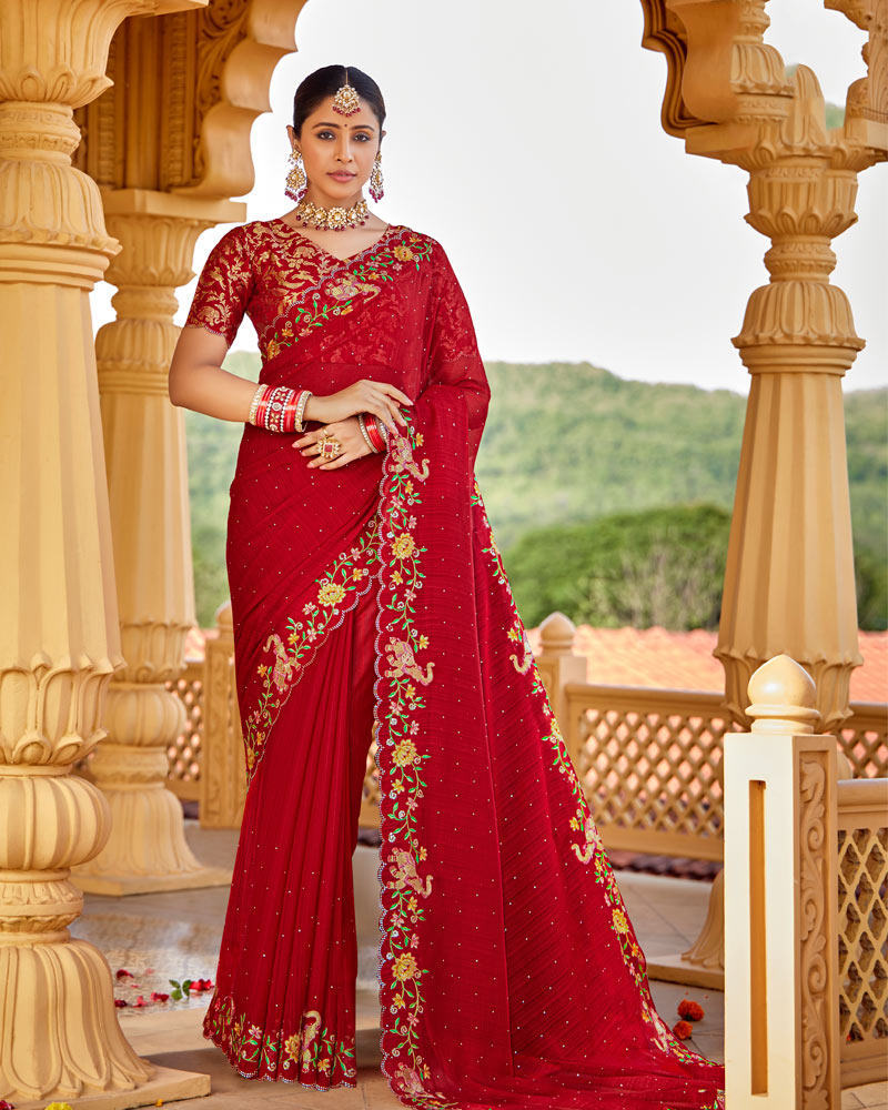 Vishal Prints Dark Red Designer Fancy Chiffon Saree With Embroidery-Diamond Work And Cut Work Border
