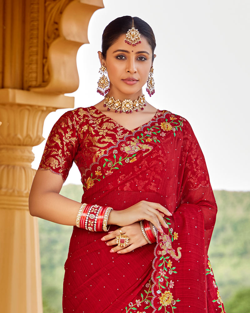 Vishal Prints Dark Red Designer Fancy Chiffon Saree With Embroidery-Diamond Work And Cut Work Border