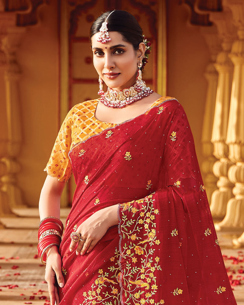 Vishal Prints Shiraz Red Designer Fancy Chiffon Saree With Embroidery-Diamond Work And Cut Work Border