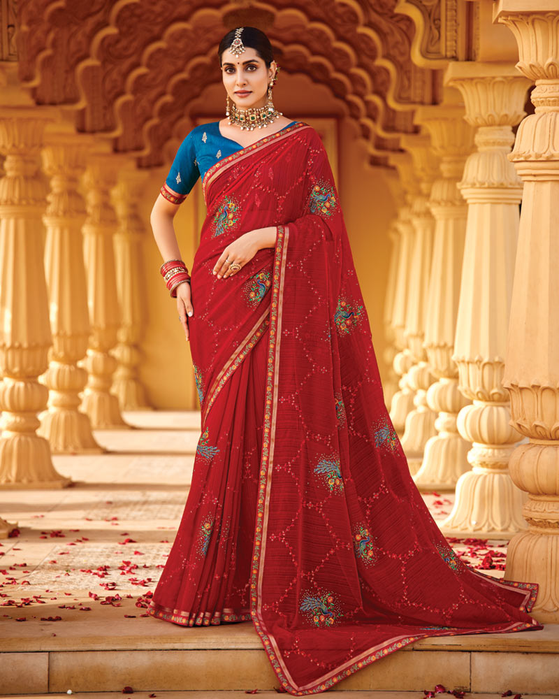 Vishal Prints Scarlet Red Designer Fancy Chiffon Saree With Embroidery-Diamond Work And Cut Work Border