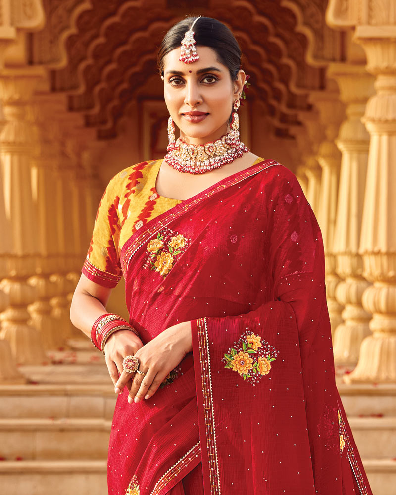 Vishal Prints Cornell Red Designer Fancy Chiffon Saree With Embroidery-Diamond Work Fancy Border