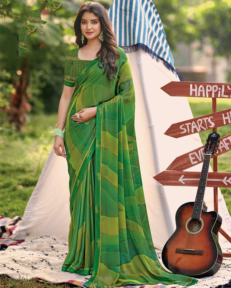 Vishal Prints Forest Green Printed Brasso Saree With Fancy Border