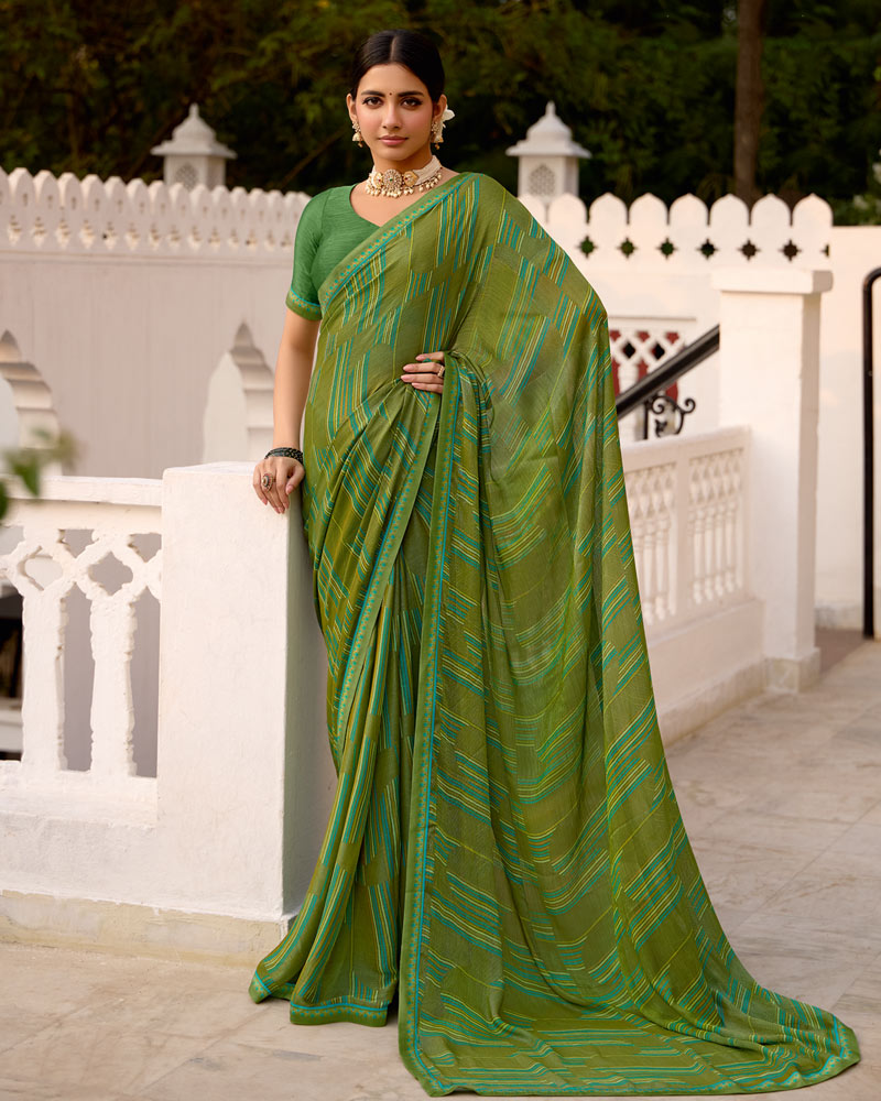 Vishal Prints Mehandi Green Printed Brasso Saree With Fancy Border