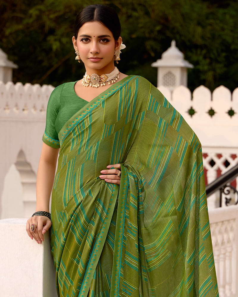 Vishal Prints Mehandi Green Printed Brasso Saree With Fancy Border