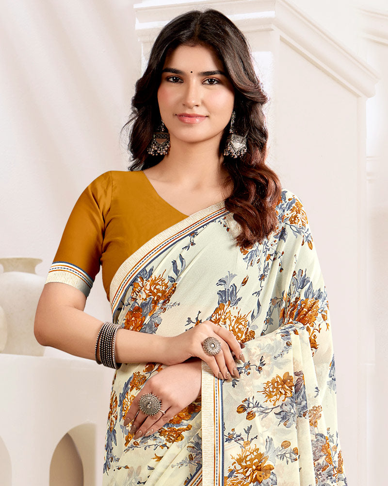 Vishal Prints Cream And Mustard Printed Georgette Saree With Fancy Border