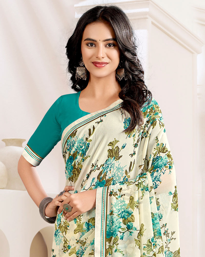Vishal Prints Cream And Aqua Green Printed Georgette Saree With Fancy Border
