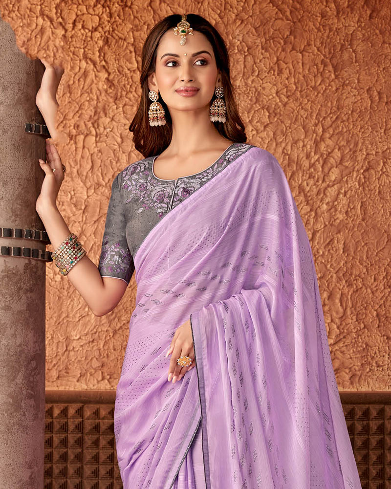 Vishal Prints Lavender Designer Chiffon Saree With Diamond Work And Fancy Piping