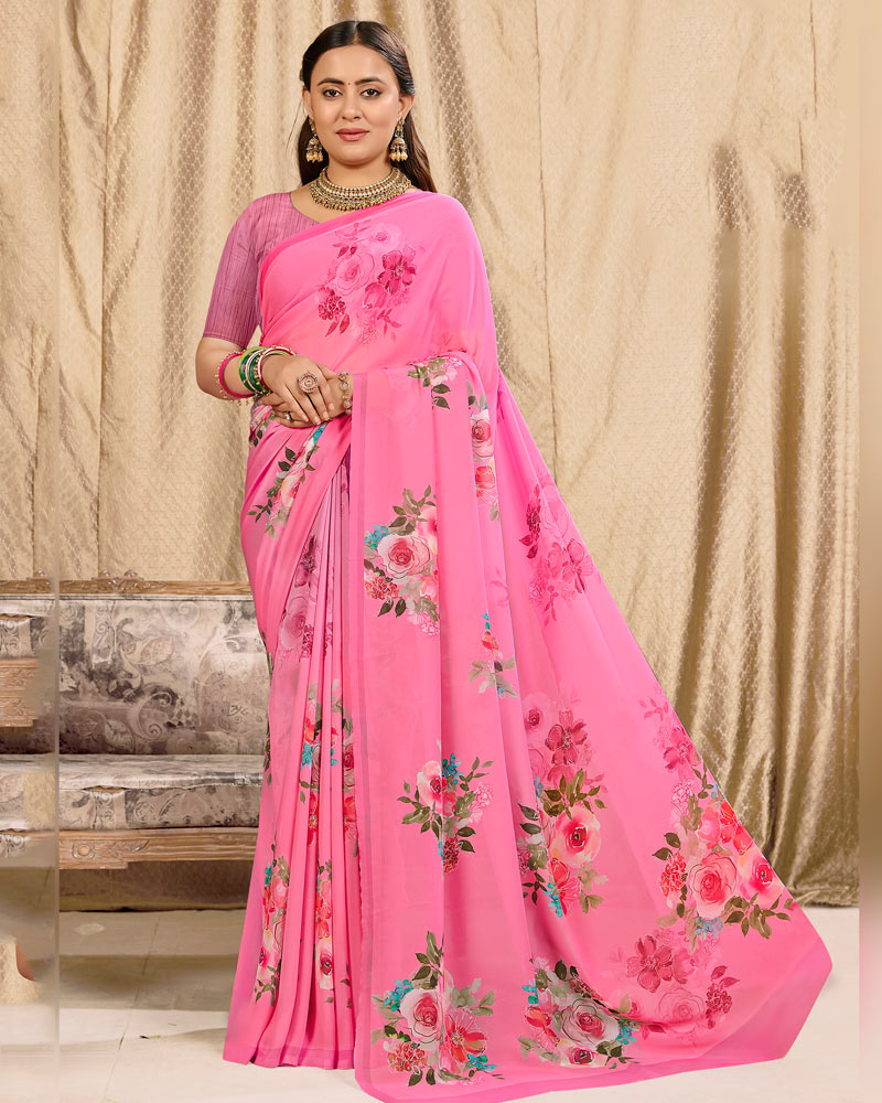 Vishal Prints Hot Pink Digital Print Georgette Saree