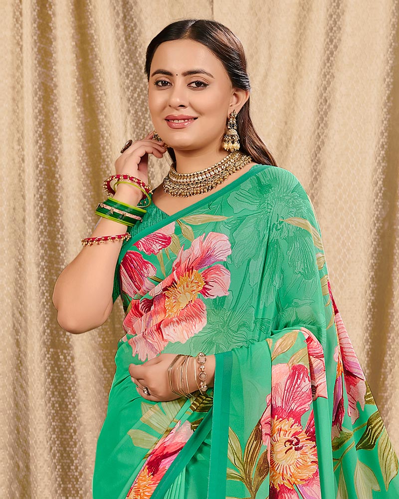 Vishal Prints Persian Green Digital Print Georgette Saree