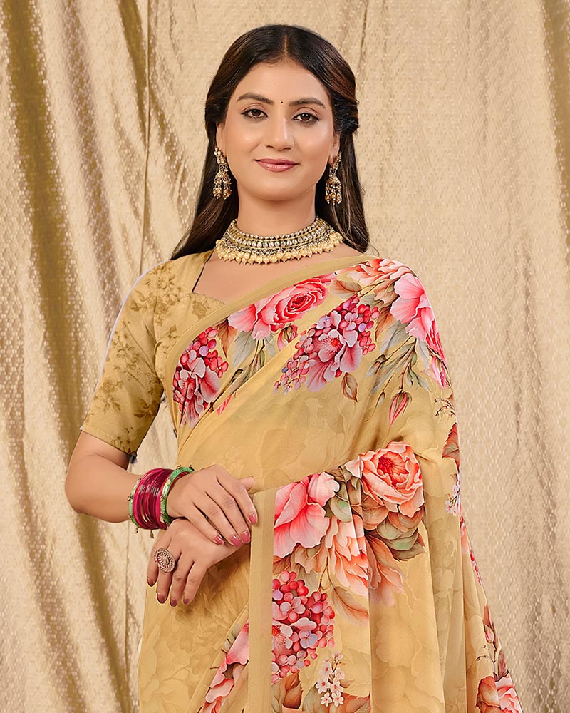 Vishal Prints Beige Digital Print Georgette Saree