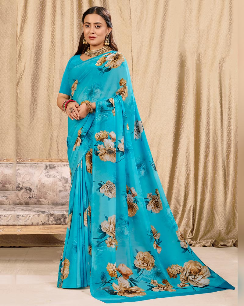 Vishal Prints Aqua Blue Digital Print Georgette Saree