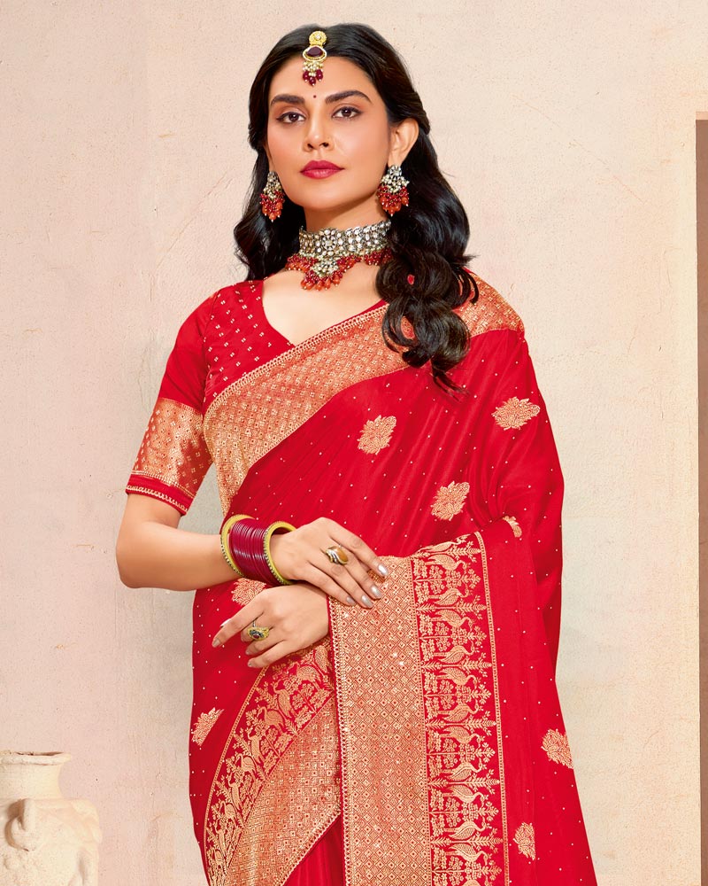 Vishal Prints Venetian Red Designer Satin-Dola Silk Saree With Diamond Work And Tassel