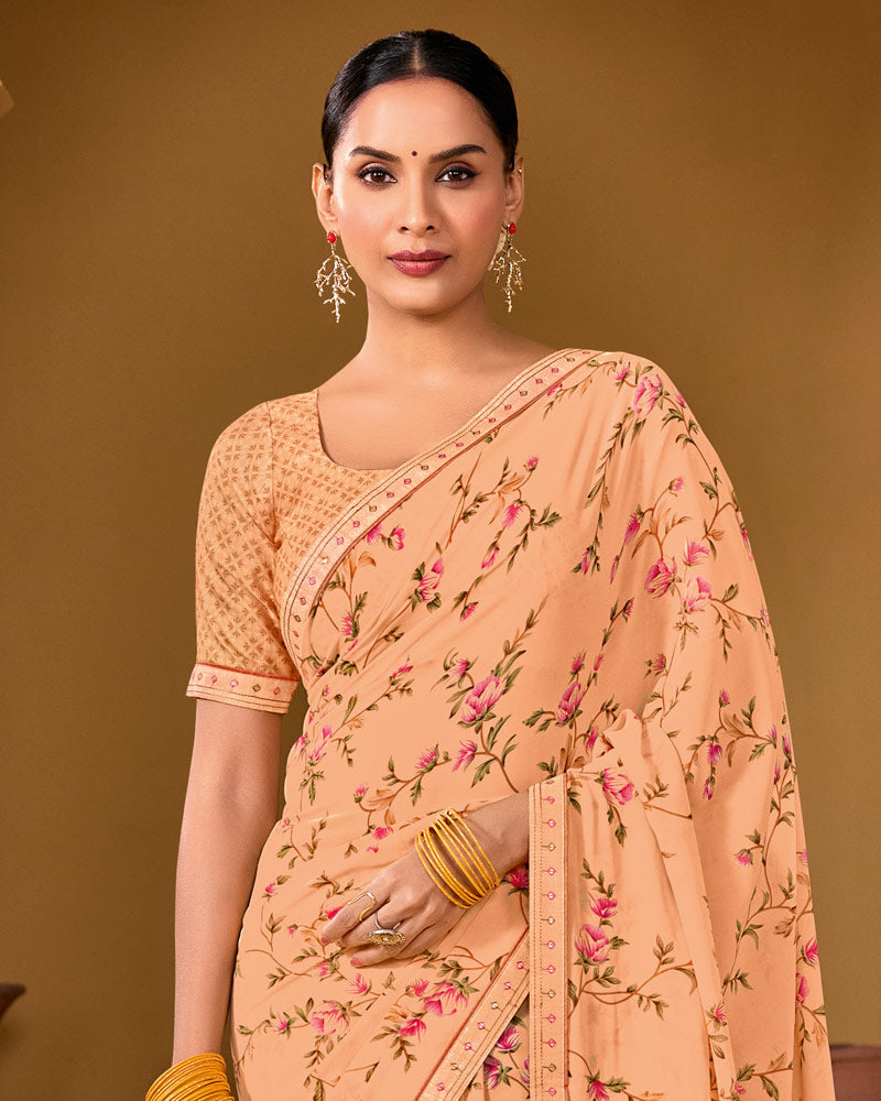 Vishal Prints Light Salmon Orange Weightless Georgette Printed Saree With Fancy Embroidery Border