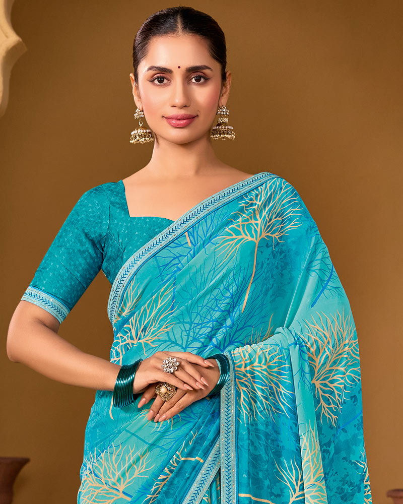 Vishal Prints Fountain Blue Weightless Georgette Printed Saree With Fancy Embroidery Border
