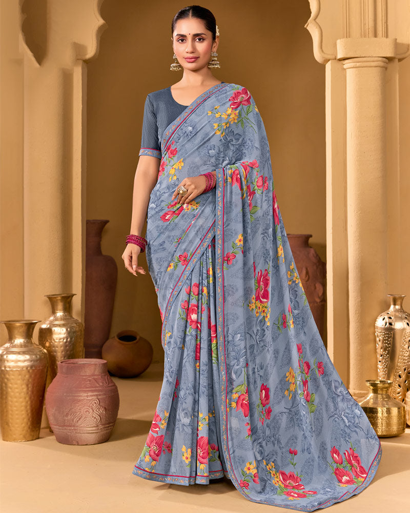 Vishal Prints Cool Grey Weightless Georgette Printed Saree With Fancy Embroidery Border