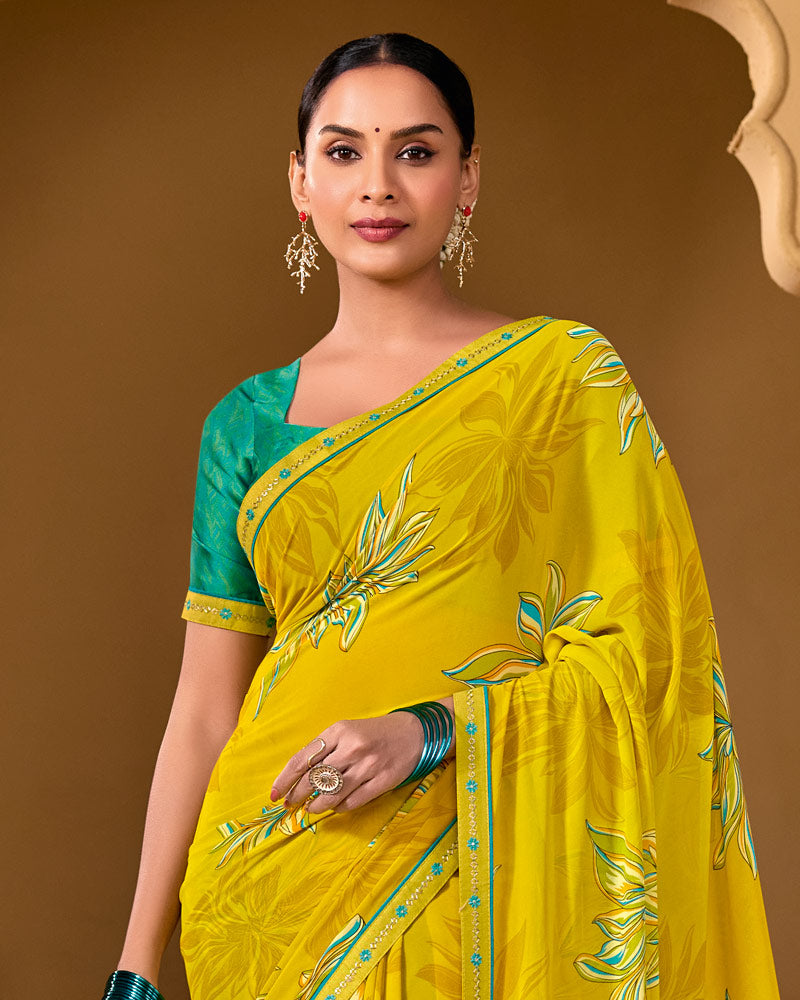 Vishal Prints Burnt Yellow Weightless Georgette Printed Saree With Fancy Embroidery Border
