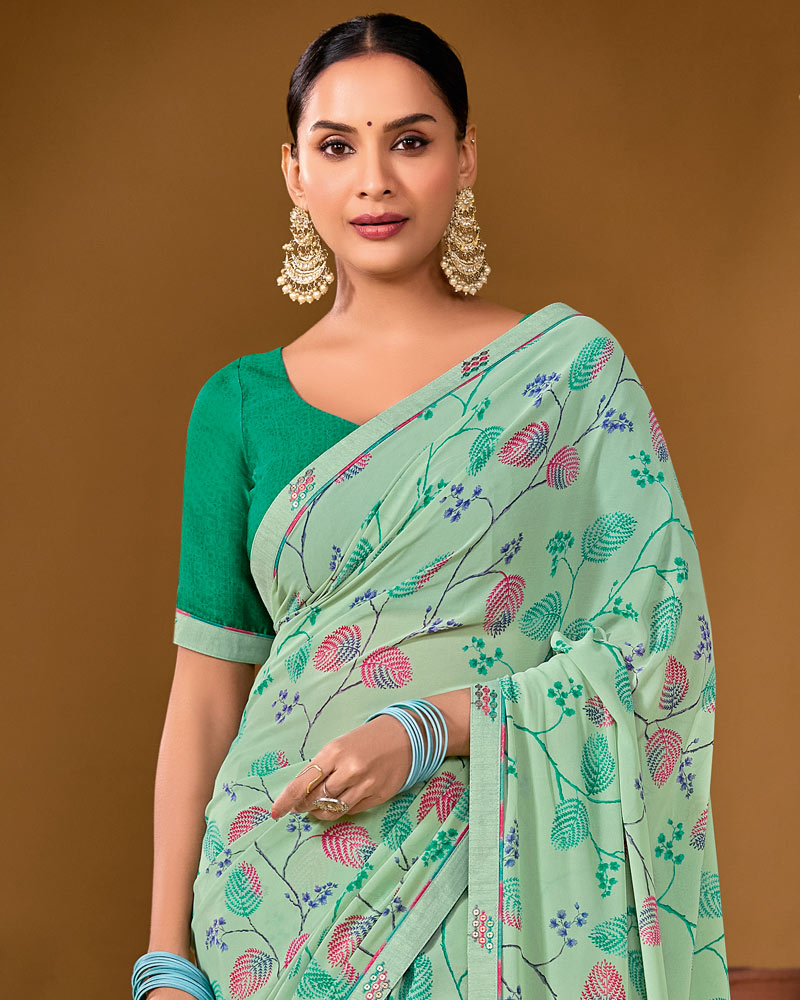 Vishal Prints Light Sage Green Weightless Georgette Printed Saree With Fancy Embroidery Border