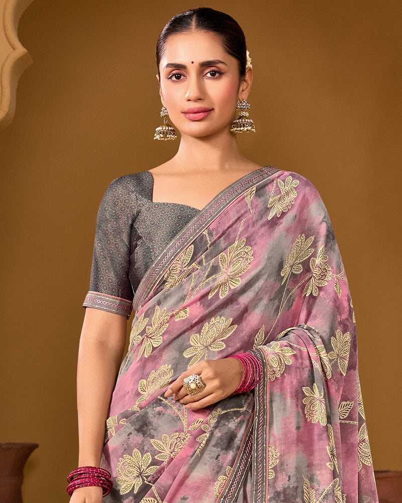 Vishal Prints Greyish Pink Weightless Georgette Printed Saree With Fancy Embroidery Border