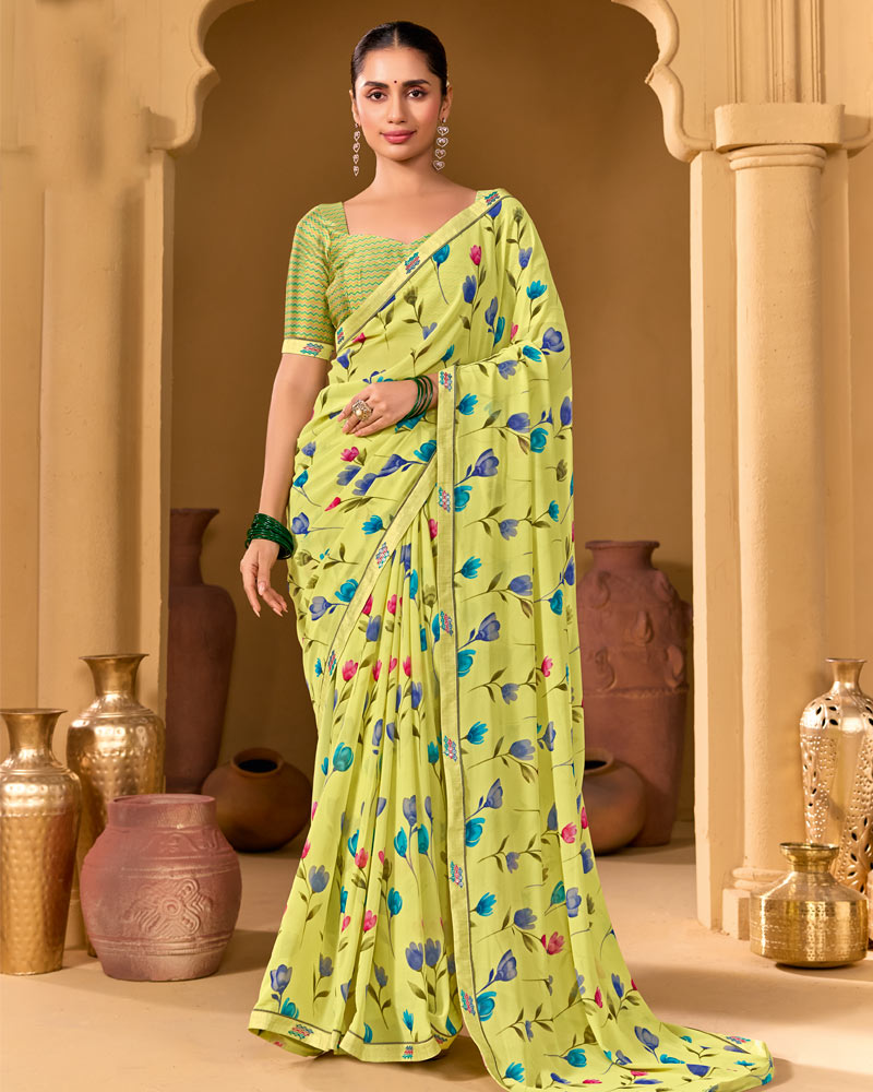 Vishal Prints Straw Yellow Weightless Georgette Printed Saree With Fancy Embroidery Border