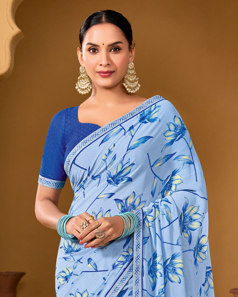 Vishal Prints Carolina Blue Weightless Georgette Printed Saree With Fancy Embroidery Border