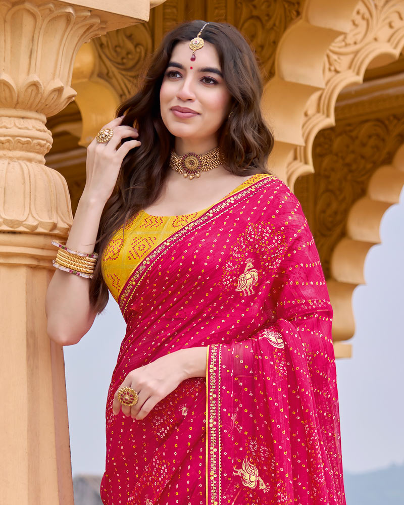 Vishal Prints Raspberry Pink Printed Chiffon Traditional Print Saree With Foil Print And Fancy Border