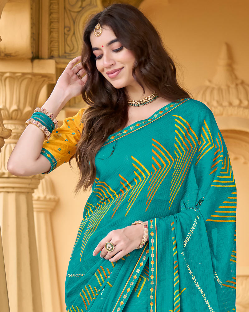 Vishal Prints Persian Green Printed Chiffon Saree With Foil Print And Fancy Border