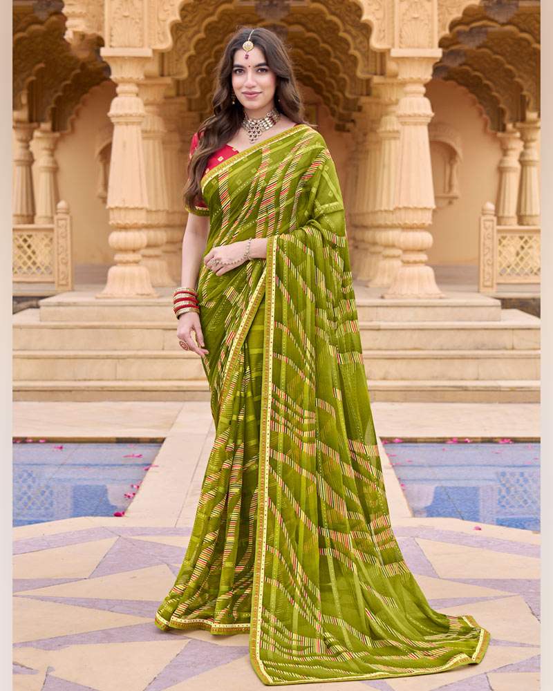 Vishal Prints Mehandi Green Printed Patterned Brasso Saree With Embellished Work And Fancy Border