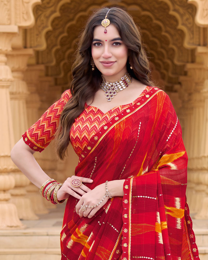 Vishal Prints Lava Red Printed Chiffon Saree With Foil Print And Fancy Border
