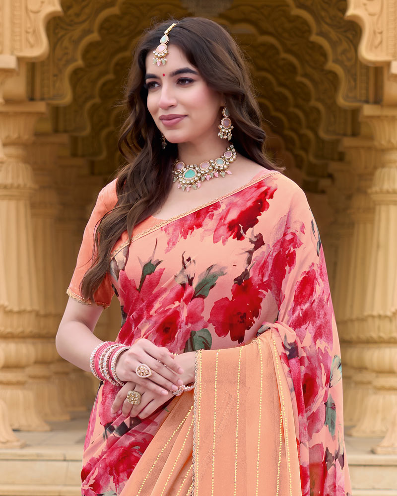 Vishal Prints Peach Printed Chiffon Saree With Embellished Work And Fancy Border