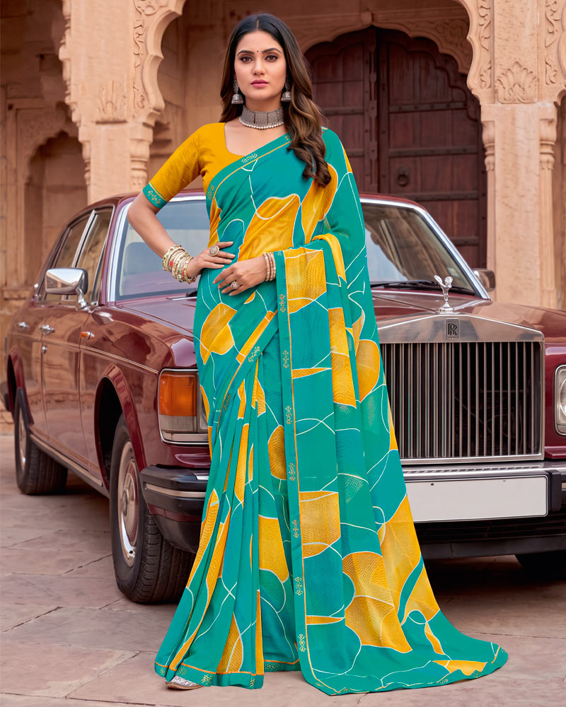 Vishal Prints Persian Green Printed Georgette Saree With Fancy Border