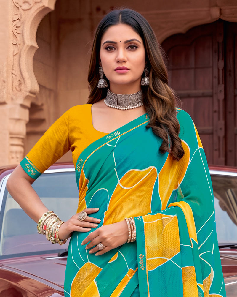 Vishal Prints Persian Green Printed Georgette Saree With Fancy Border