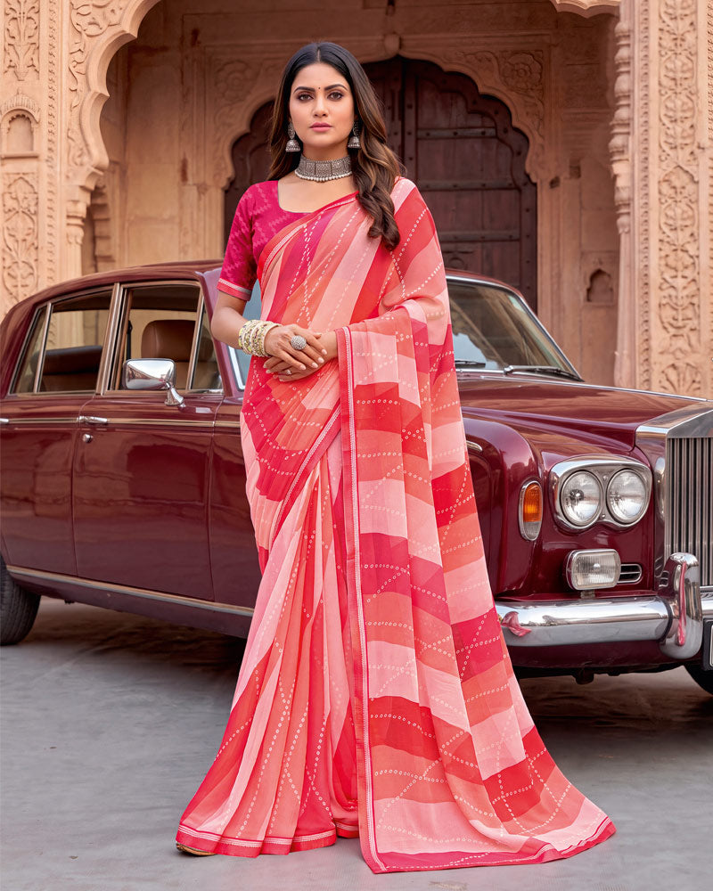 Vishal Prints Salmon And Coral Pink Printed Georgette Saree With Fancy Border