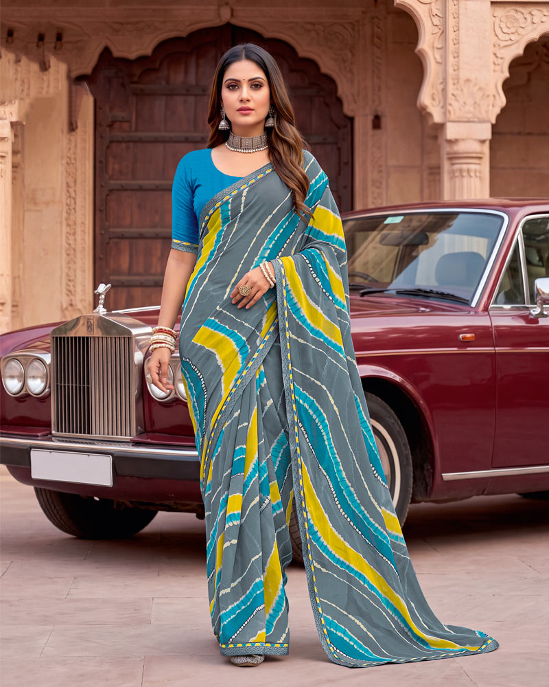 Vishal Prints Light Slate Grey Printed Georgette Saree With Fancy Border