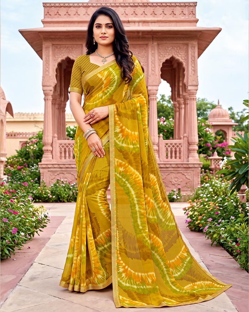 Vishal Prints Yellow Ochre Printed Georgette Saree With Fancy Border