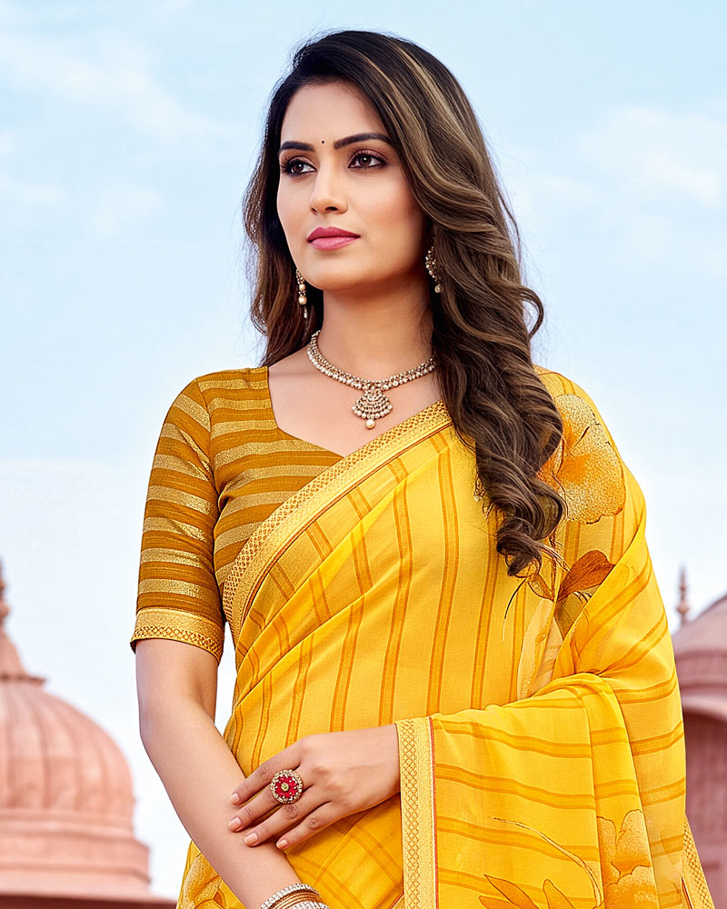 Vishal Prints Golden Yellow Printed Georgette Saree With Fancy Border