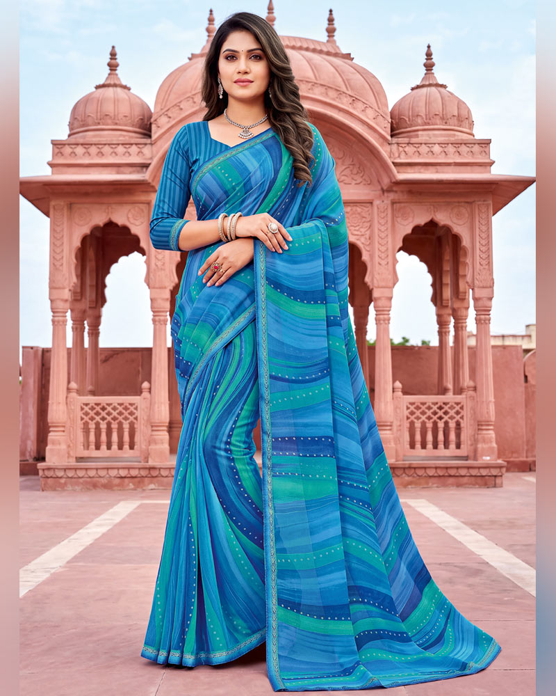 Vishal Prints Deep Sky Blue Printed Georgette Saree With Fancy Border