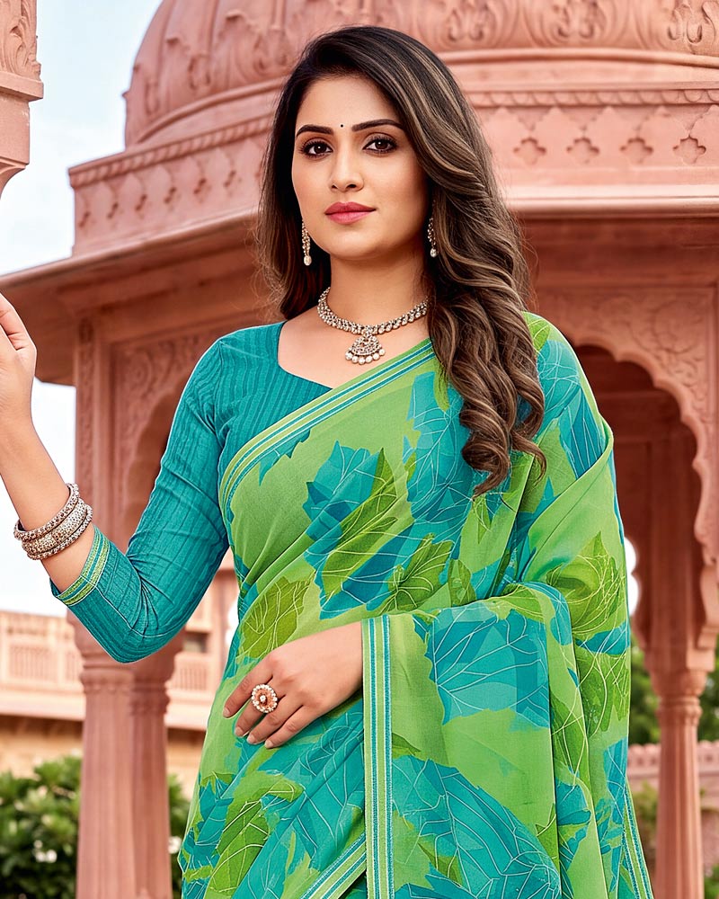 Vishal Prints Persian And Fern Green Printed Georgette Saree With Fancy Border